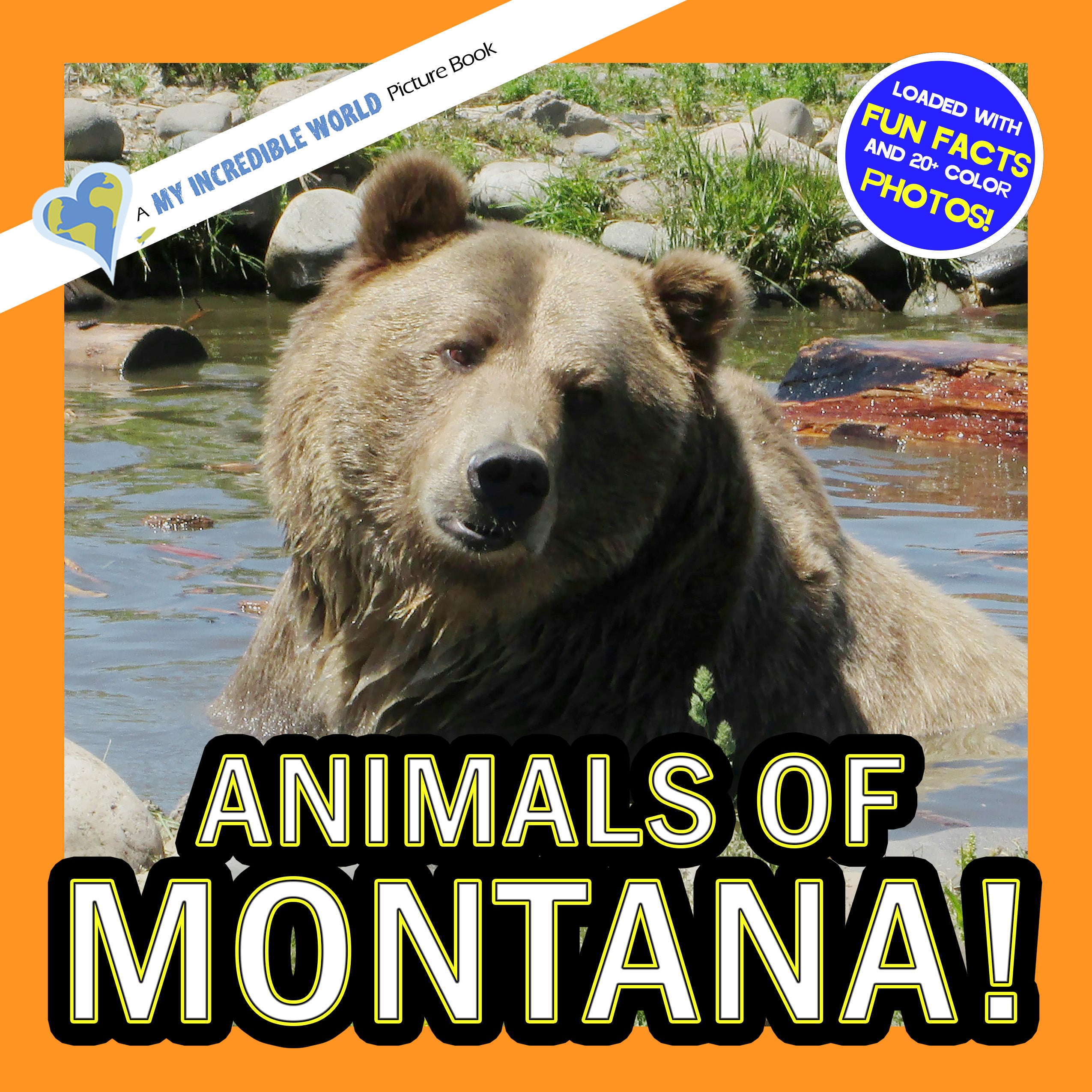 Book cover of 'Animals of Montana' with a bear by a river and promotional text.